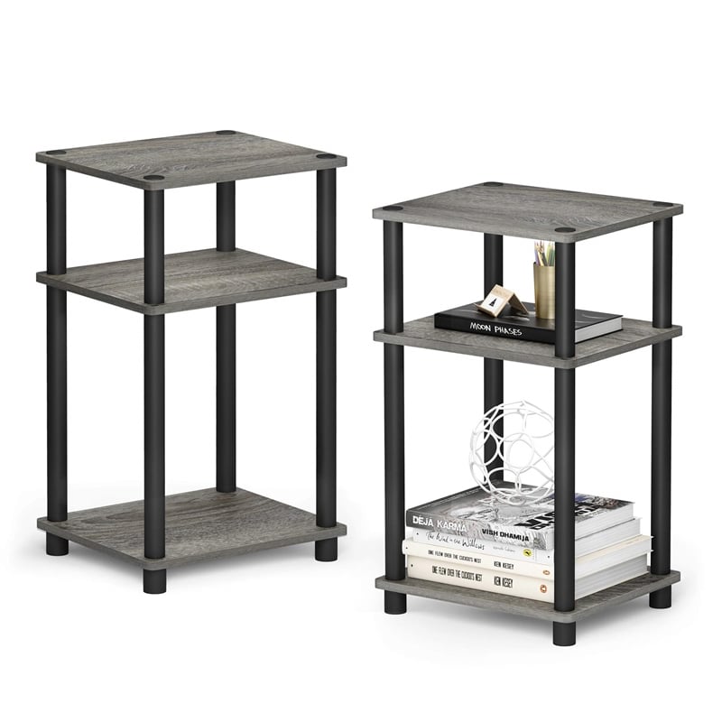 Pemberly Row Turn-N-Tube Wood 3-Tier End Table in French Oak Gray (Set of 2)