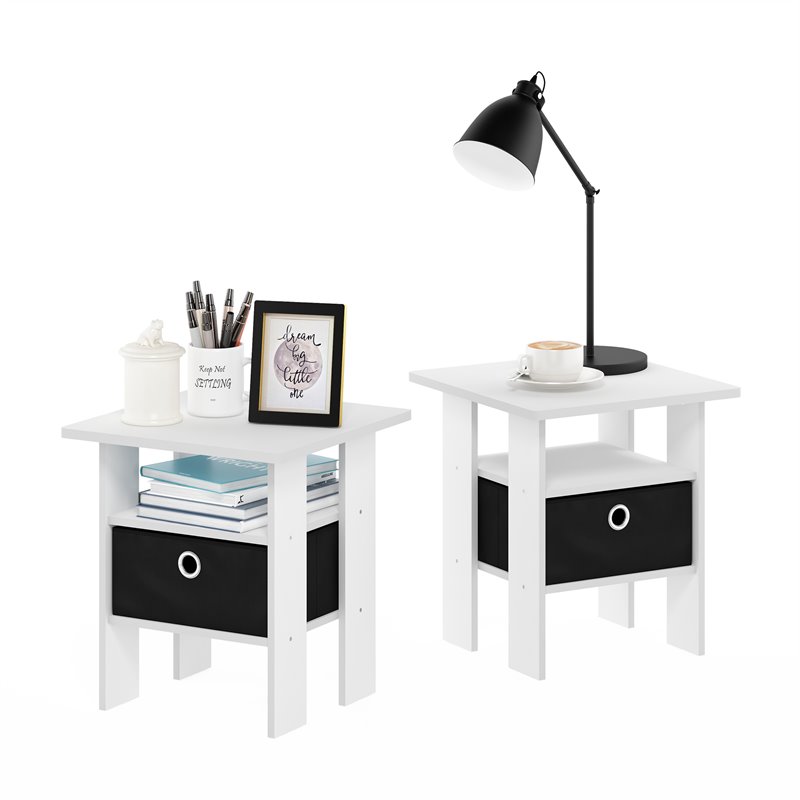 Pemberly Row Engineered Wood End Table with Bin Drawer in White (Set of 2)