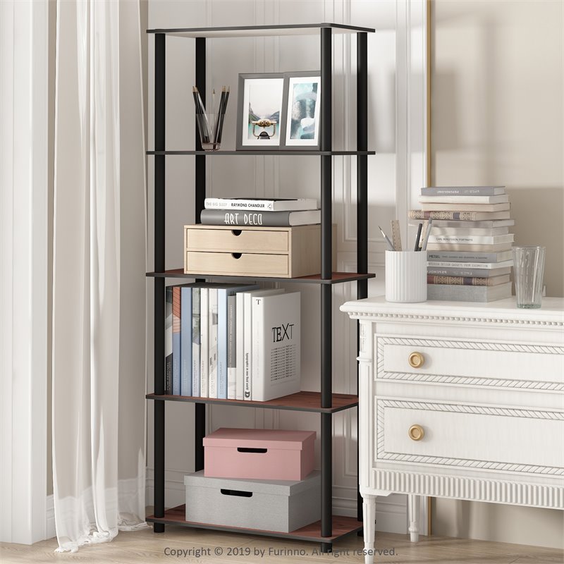 Pemberly Row Engineered Wood 5-Tier Shelf Display Rack in Cherry/Black