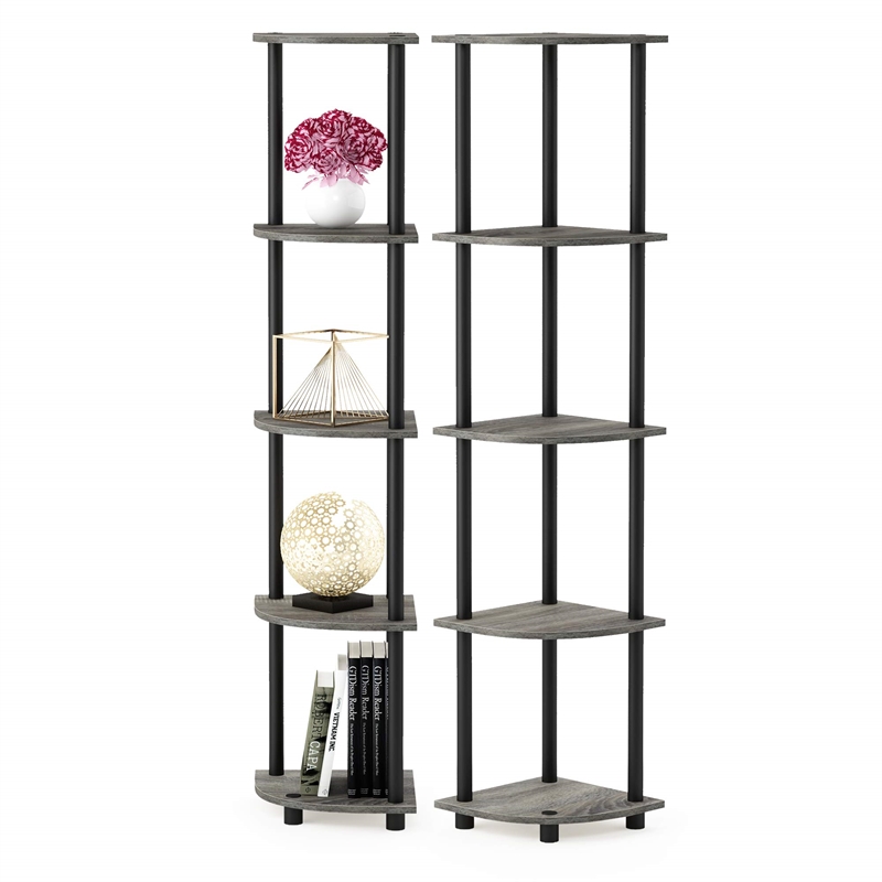 Pemberly Row Wood 5-Tier Corner Display Rack in Oak Gray/Black (Set of 2)