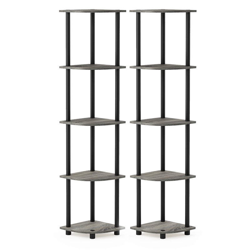 Pemberly Row Wood 5-Tier Corner Display Rack in Oak Gray/Black (Set of 2)