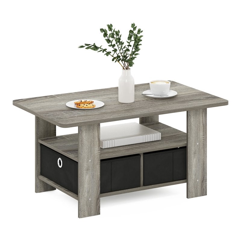 Pemberly Row Wood Coffee Table with Bin Drawer in French Oak Gray/Black