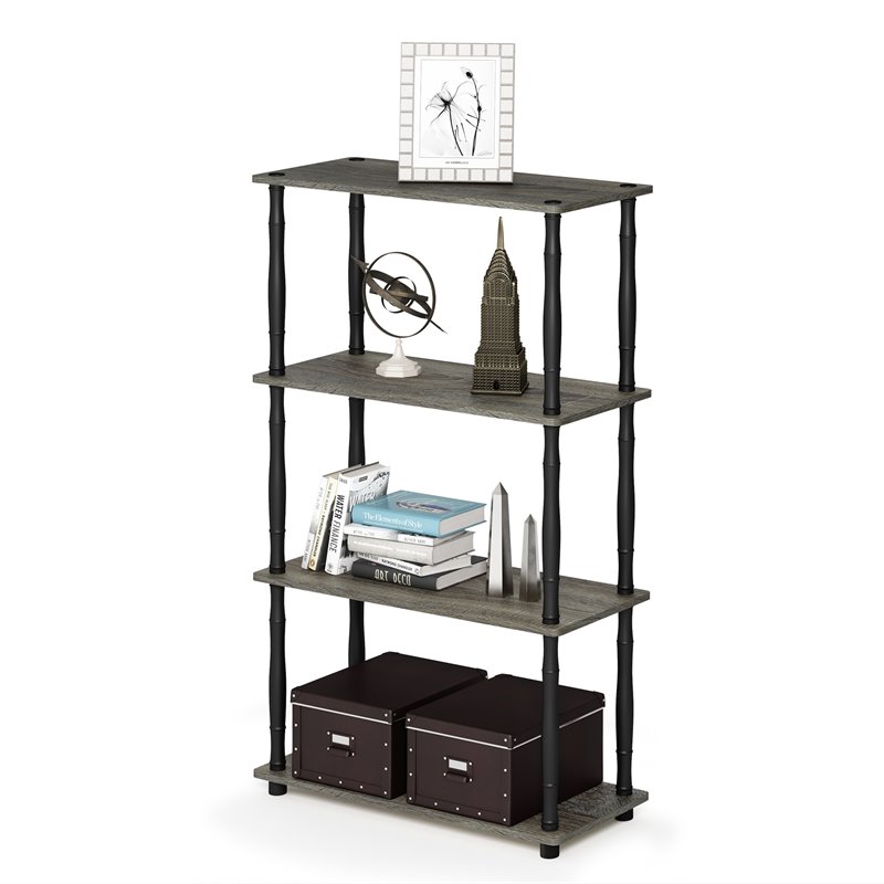 Pemberly Row Wood 4-Tier Shelf Display Rack w/ Classic Tubes in Oak Gray