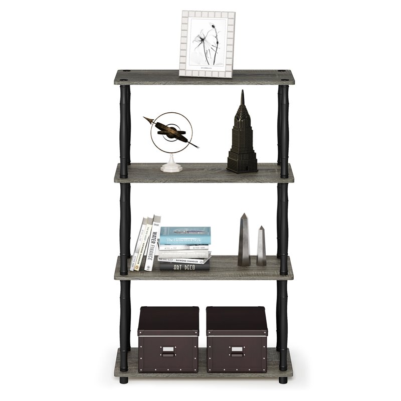 Pemberly Row Wood 4-Tier Shelf Display Rack w/ Classic Tubes in Oak Gray