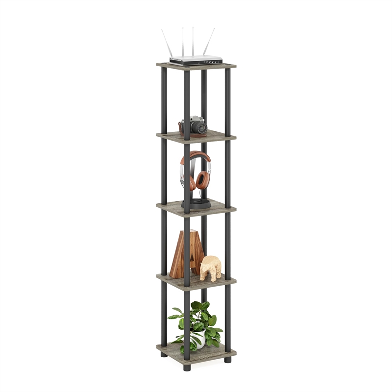 Pemberly Row Turn-N-Tube Wood 5-Tier Corner Rack Display Shelf in Oak Gray/Black