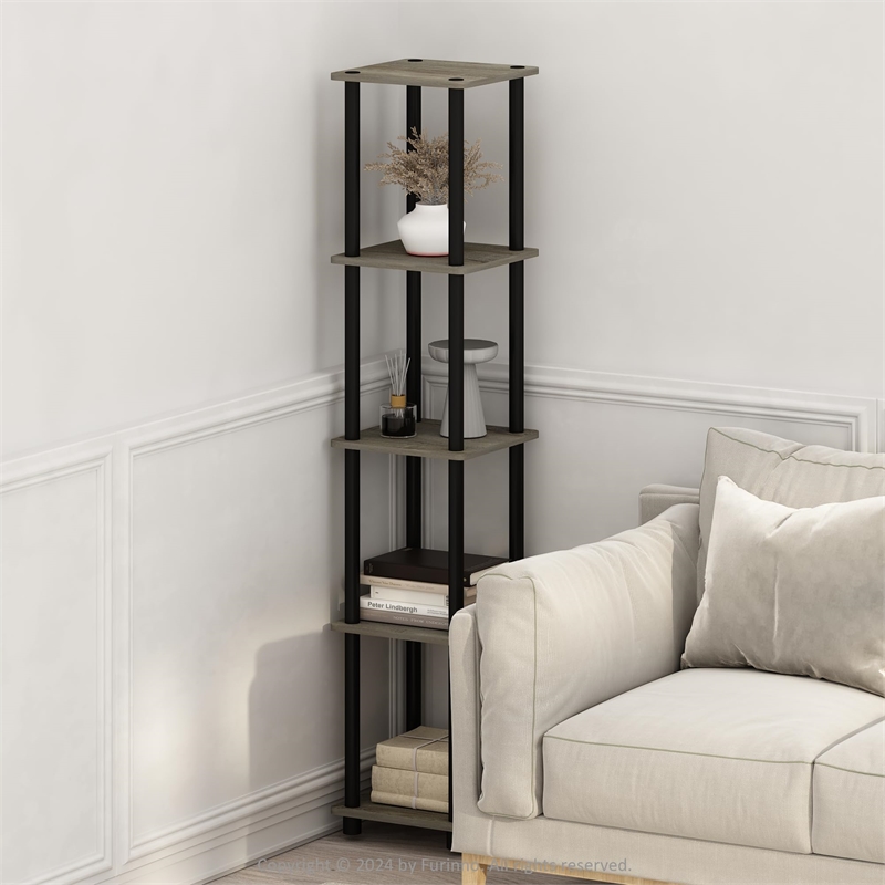 Pemberly Row Turn-N-Tube Wood 5-Tier Corner Rack Display Shelf in Oak Gray/Black