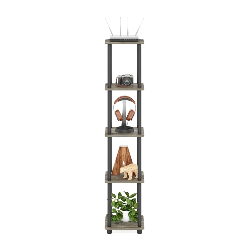 Pemberly Row Turn-N-Tube Wood 5-Tier Corner Rack Display Shelf in Oak Gray/Black