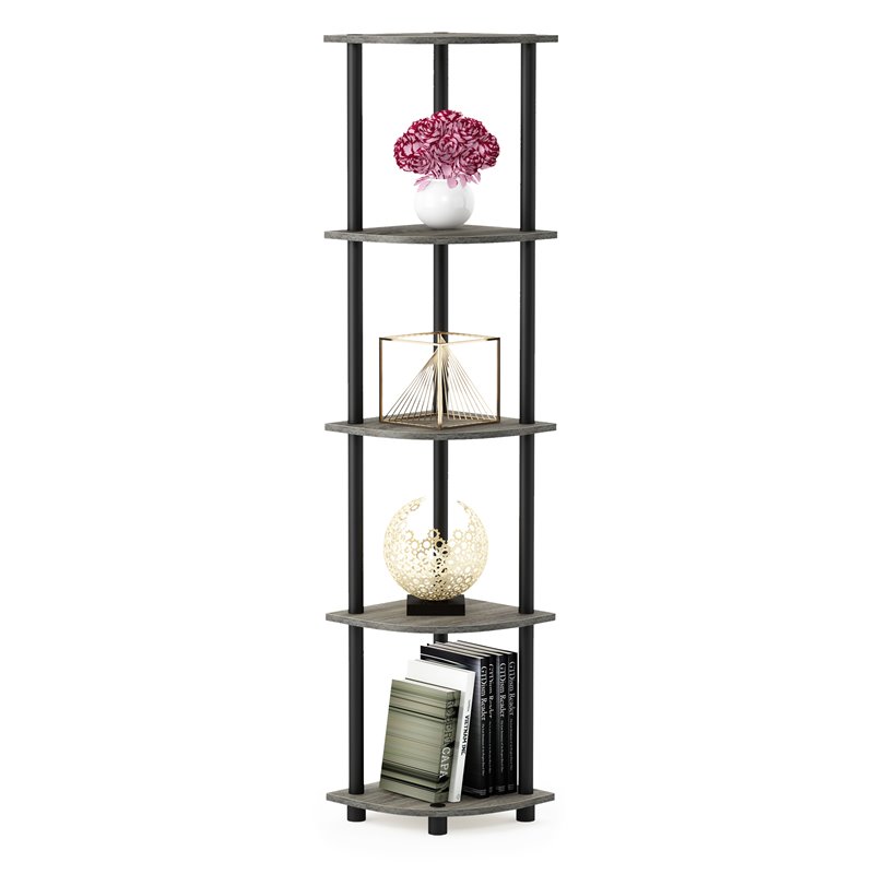 Pemberly Row Wood 5 Tier Corner Display Rack in French Oak Gray/Black