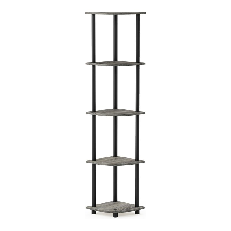 Pemberly Row Wood 5 Tier Corner Display Rack in French Oak Gray/Black