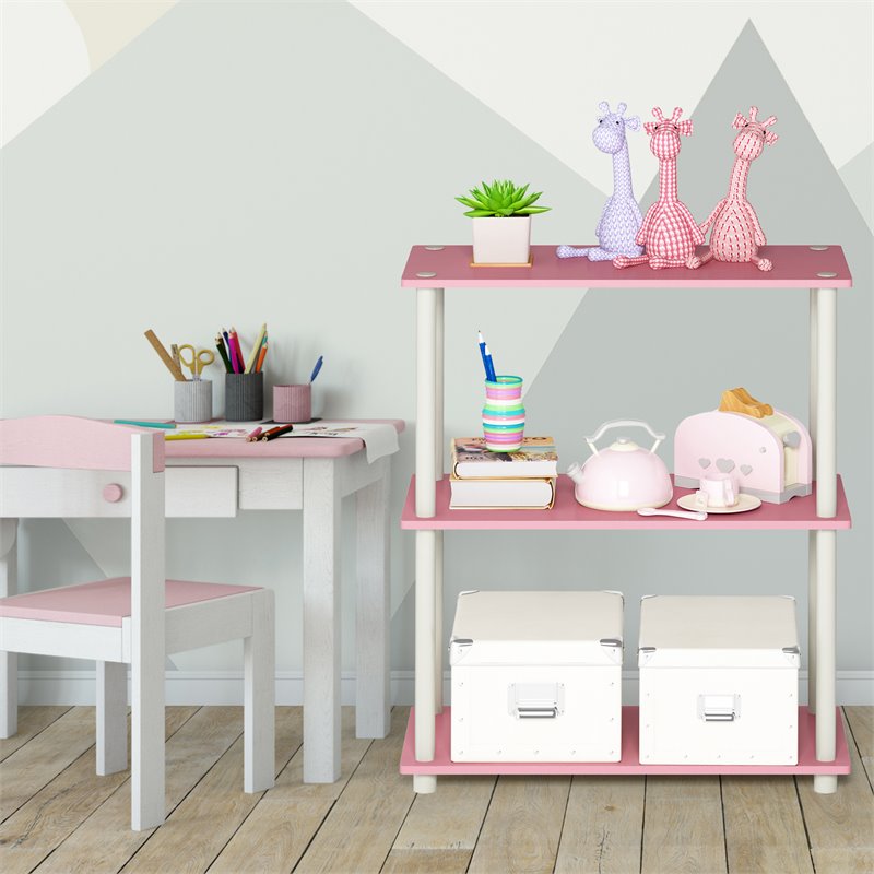 Pemberly Row Turn-N-Tube Wood 3-Tier Compact Shelf Display Rack in Pink/White