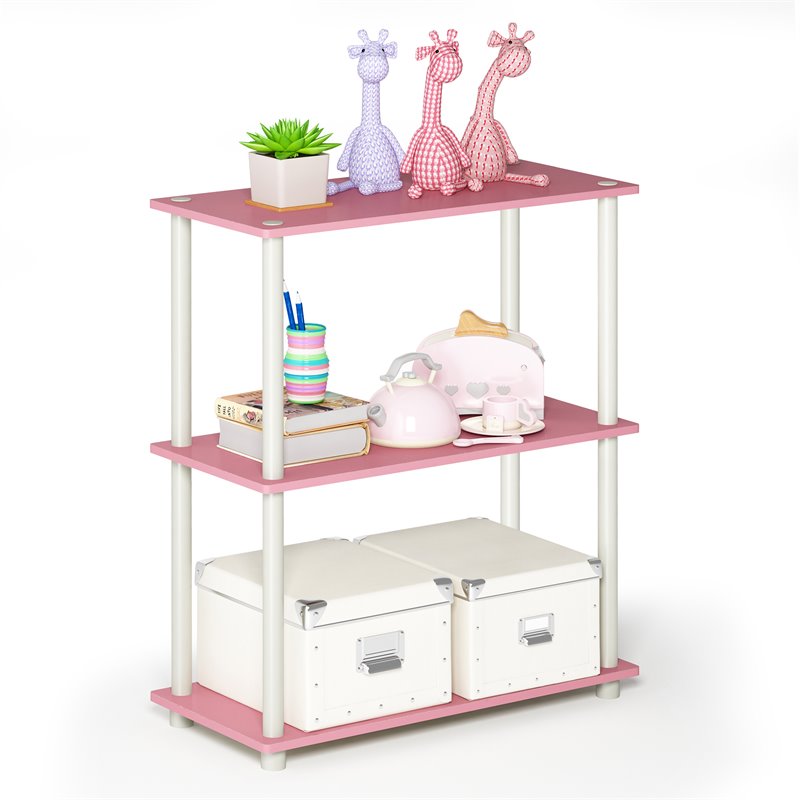 Pemberly Row Turn-N-Tube Wood 3-Tier Compact Shelf Display Rack in Pink/White