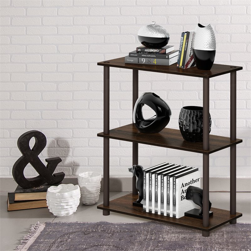 Pemberly Row Turn-N-Tube Wood 3-Tier Compact Shelf Display Rack in Walnut/Brown