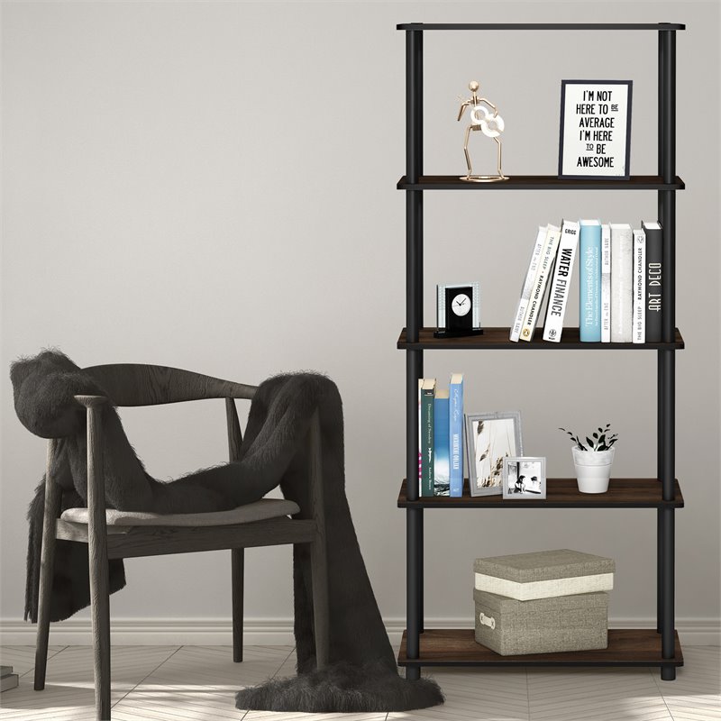 Pemberly Row Turn-N-Tube Wood 5-Tier Shelf Display Rack in Columbia Walnut/Black
