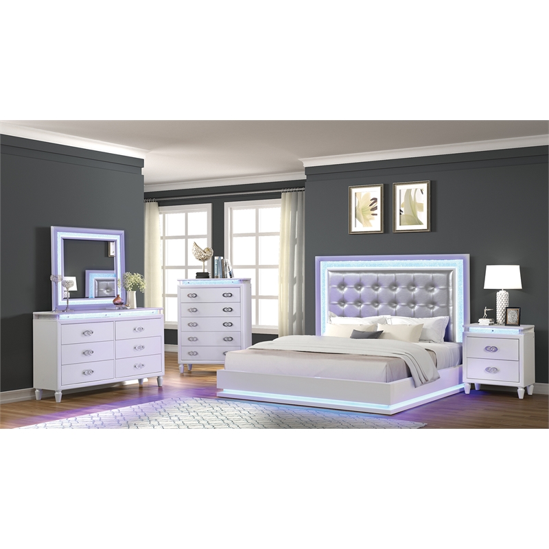 Pemberly Row Contemporary LED King Bed Made with Wood in Milky White