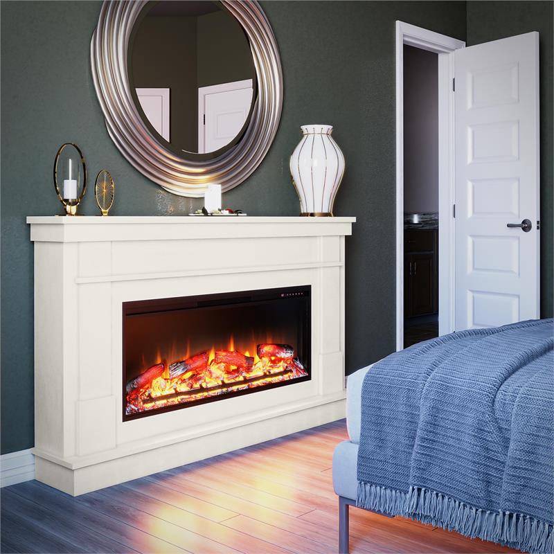 Pemberly Row Wide Mantel with Linear Electric Fireplace in Plaster