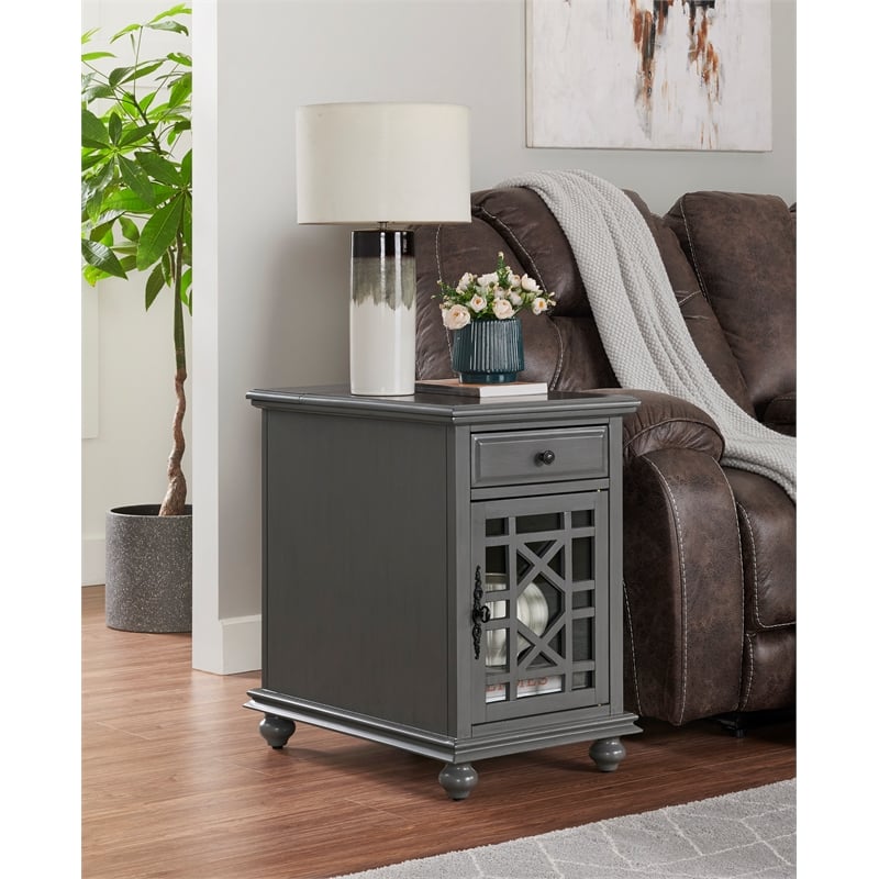 Pemberly Row Traditional Engineered Wood Chairside Table with Power Gray