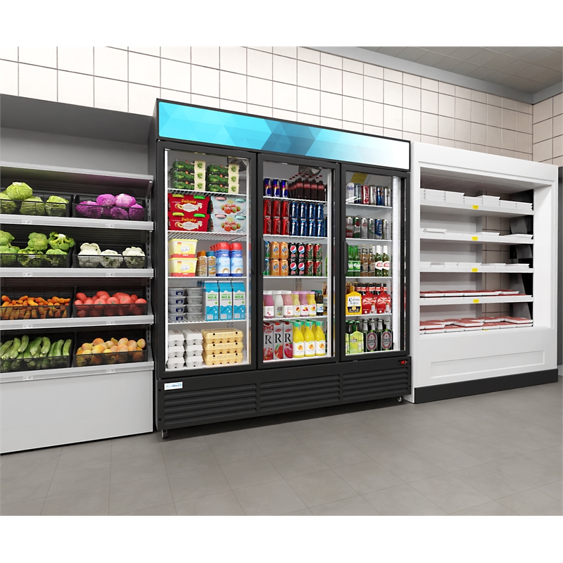 Pemberly Row 71 in. Three-Door Merchandiser Refrigerator-56 Cu Ft.