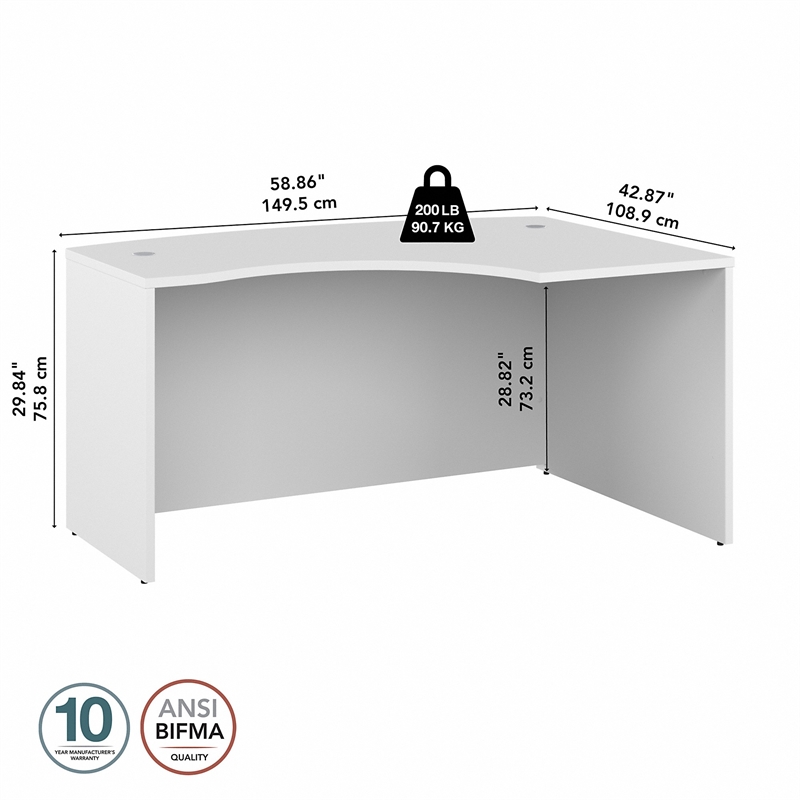 Pemberly Row 60W x 43D Right Hand L-Bow Desk Shell in White-Engineered Wood