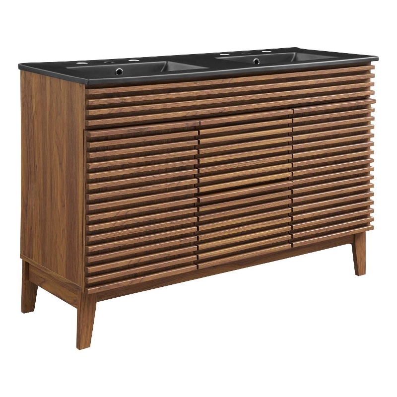 Pemberly Row Modern Wood Double Sink Bathroom Vanity in Walnut/Black