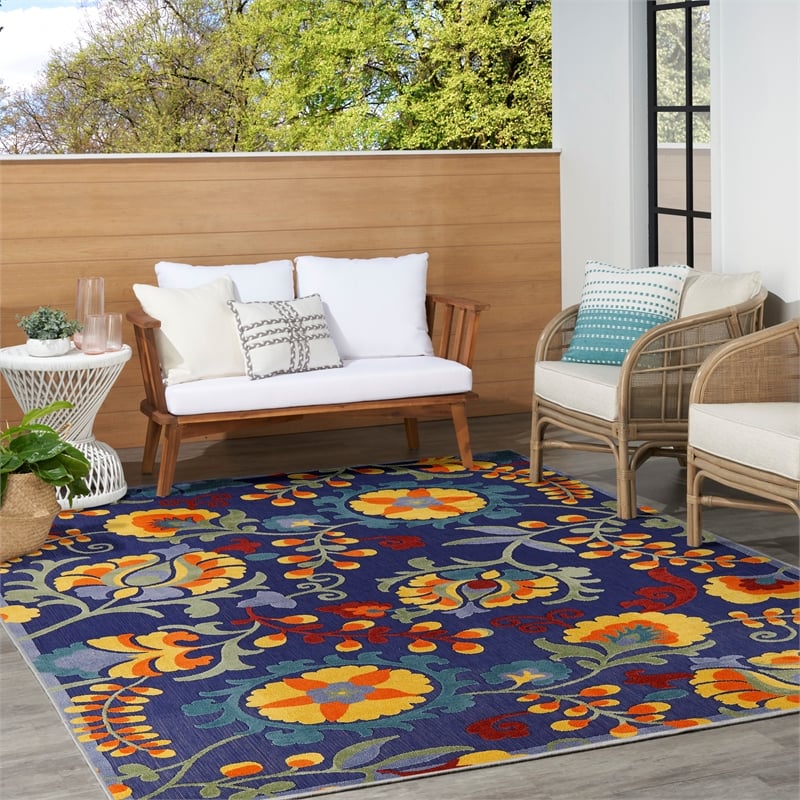 Pemberly Row 9' x 12' Navy Multicolor Fabric Outdoor Area Rug (9' x 12')