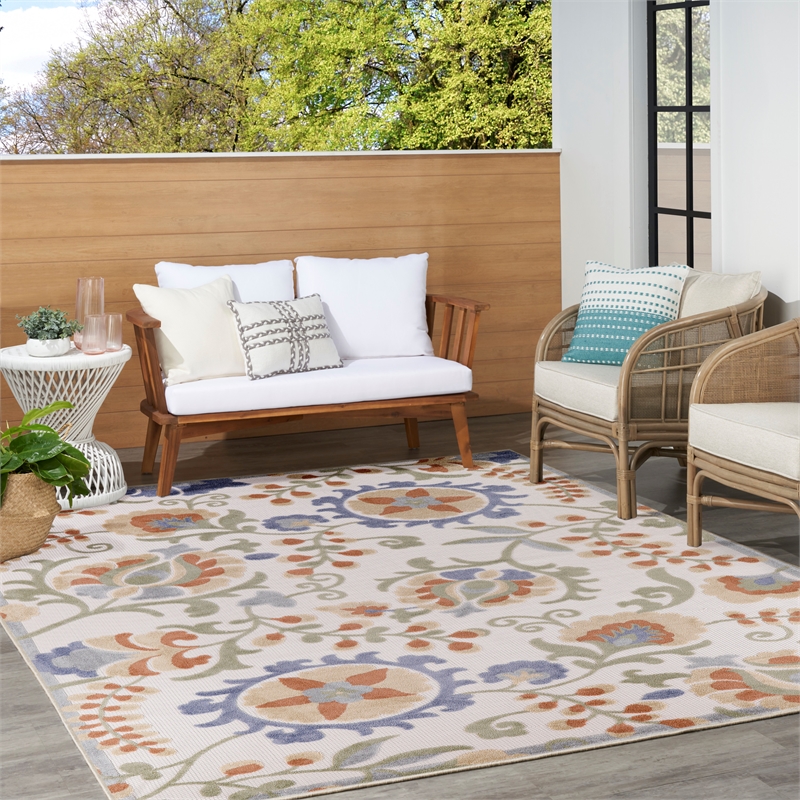 Pemberly Row 9' x 12' Ivory Blue Fabric Outdoor Area Rug (9' x 12')