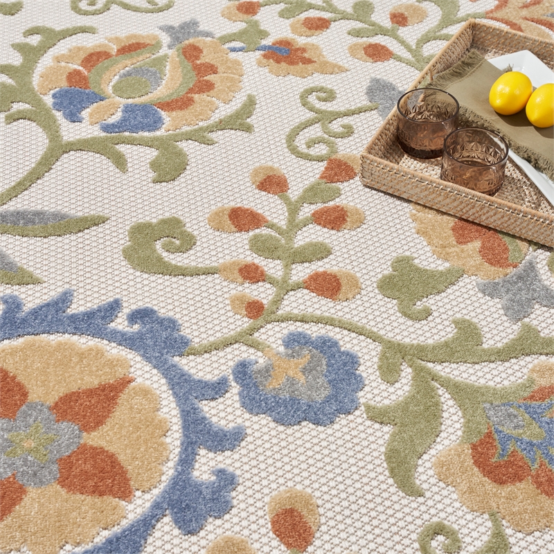 Pemberly Row 9' x 12' Ivory Blue Fabric Outdoor Area Rug (9' x 12')