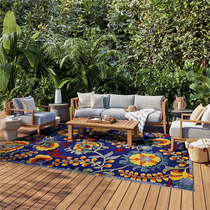 Pemberly Row 8' x 11' Navy Multicolor Fabric Outdoor Area Rug (8' x 11')