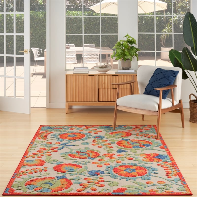 Pemberly Row 4' x 6' Red Multicolor Fabric Farmhouse Area Rug (4' x 6')