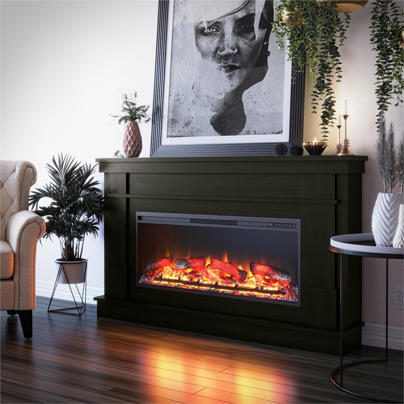Pemberly Row Wide Mantel w/ Linear Electric Fireplace in Charred Oak