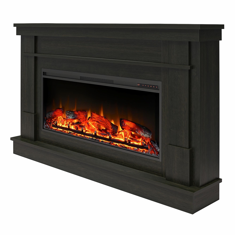 Pemberly Row Wide Mantel w/ Linear Electric Fireplace in Charred Oak