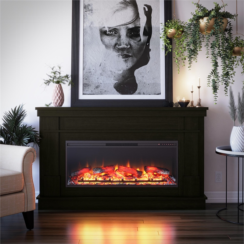 Pemberly Row Wide Mantel w/ Linear Electric Fireplace in Charred Oak