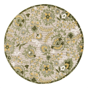 Pemberly Row 5' x Round Ivory Green Fabric Outdoor Area Rug (5' Round)
