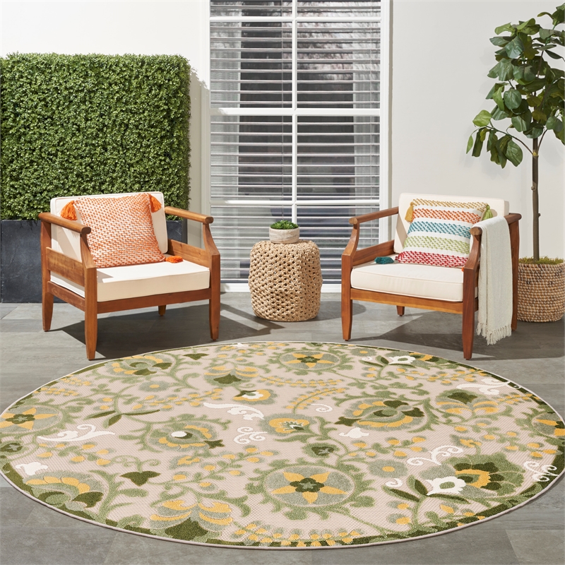 Pemberly Row 8' x Round Ivory Green Fabric Outdoor Area Rug (8' Round)