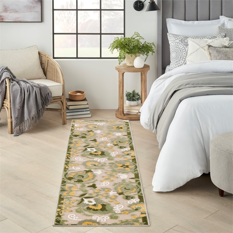 Pemberly Row 8' Runner Ivory Green Fabric Outdoor Area Rug (8' Runner)