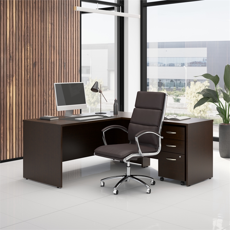 Pemberly Row 66W L Shaped Desk with Mobile File Cabinet in Mocha Cherry