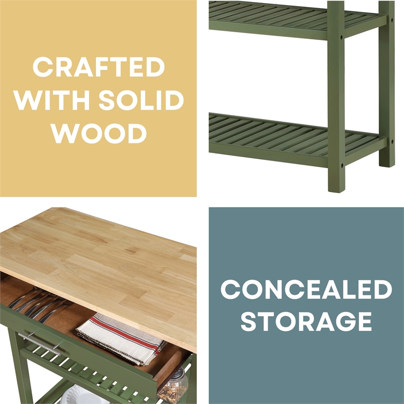 Pemberly Row Three-Tier Butcher Block Kitchen Prep Island w/Drawer in Green Wood