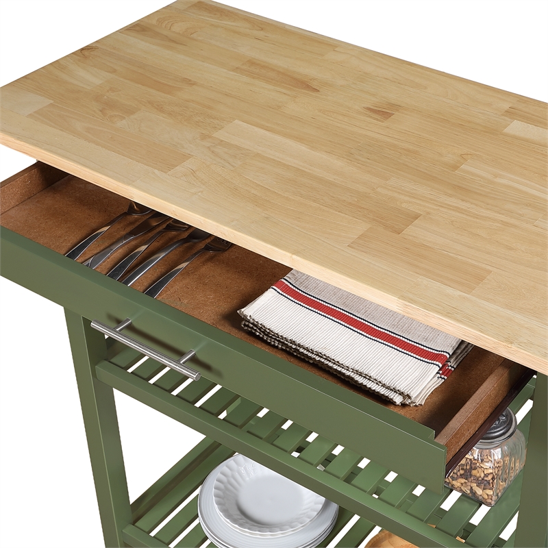 Pemberly Row Three-Tier Butcher Block Kitchen Prep Island w/Drawer in Green Wood