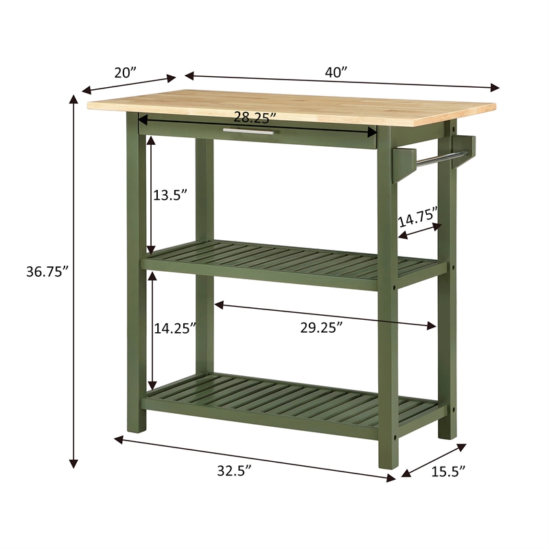 Pemberly Row Three-Tier Butcher Block Kitchen Prep Island w/Drawer in Green Wood