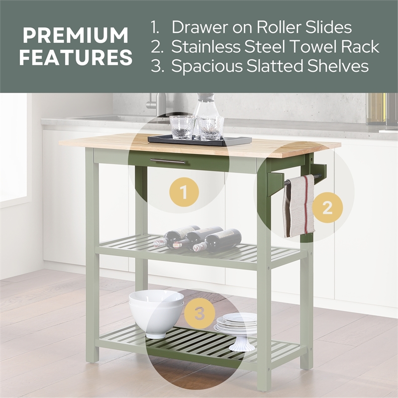 Pemberly Row Three-Tier Butcher Block Kitchen Prep Island w/Drawer in Green Wood