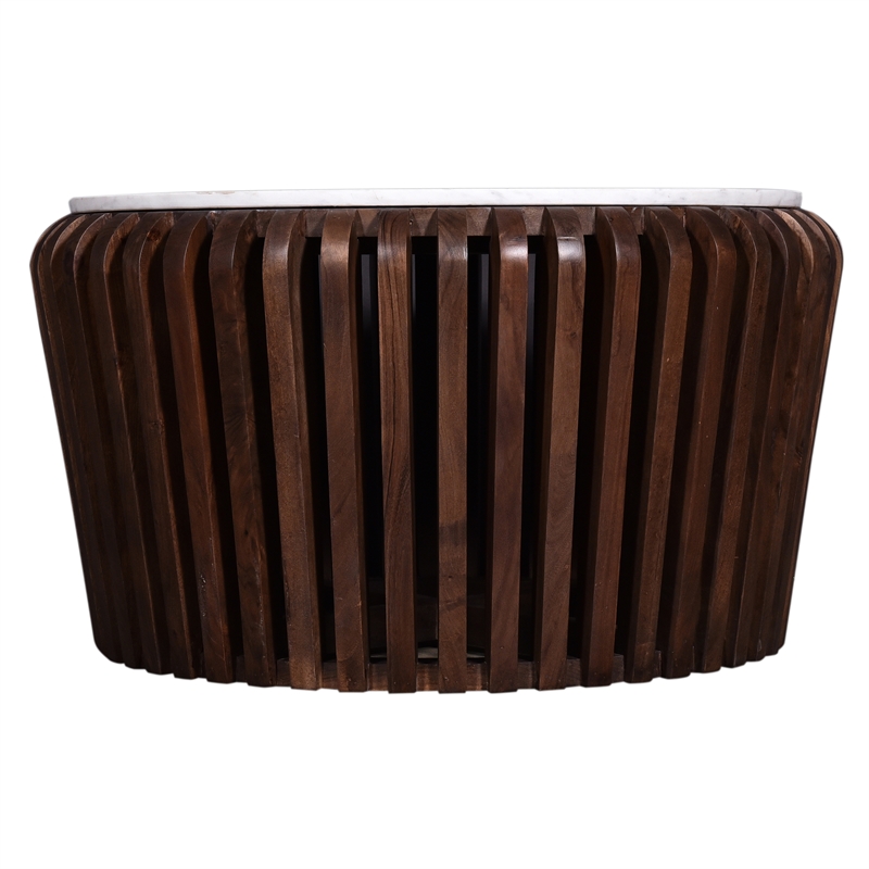 Pemberly Row 33 in. White Marble & Brown Acacia Wood Coffee Table Modern Design