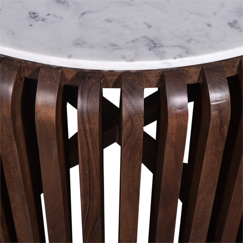 Pemberly Row 33 in. White Marble & Brown Acacia Wood Coffee Table Modern Design