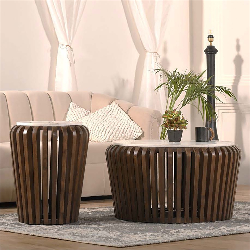 Pemberly Row 33 in. White Marble & Brown Acacia Wood Coffee Table Modern Design