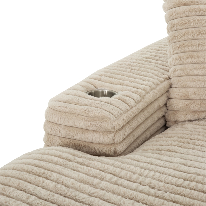 Pemberly Row Taupe Oversized Fabric Cuddler Chaise with Cupholder and USB Ports