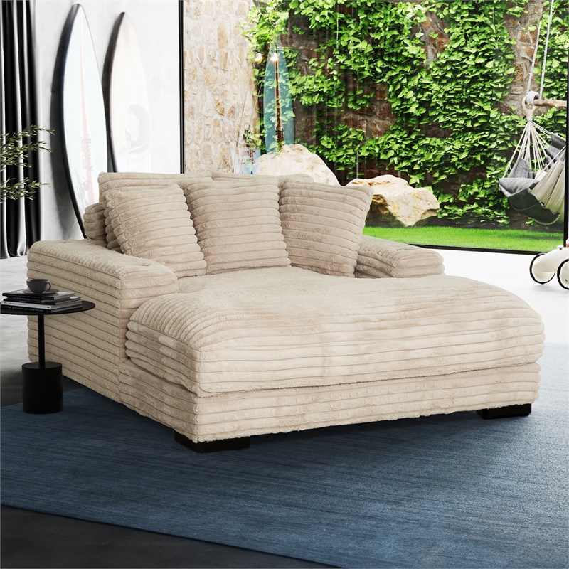 Pemberly Row Taupe Oversized Fabric Cuddler Chaise with Cupholder and USB Ports