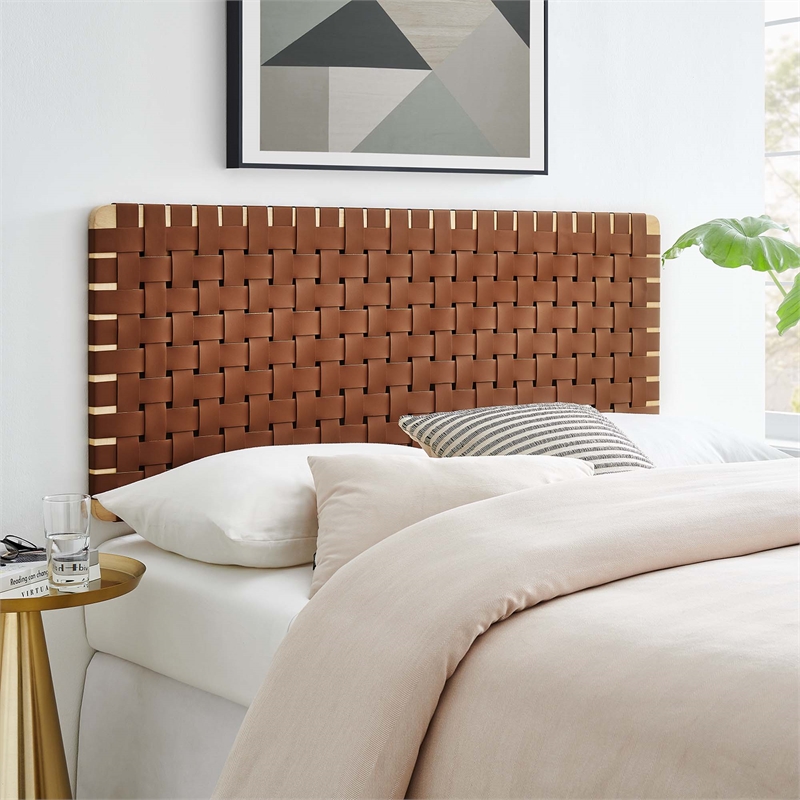 Pemberly Row Weave Vegan Leather Full Headboard in Natural Brown