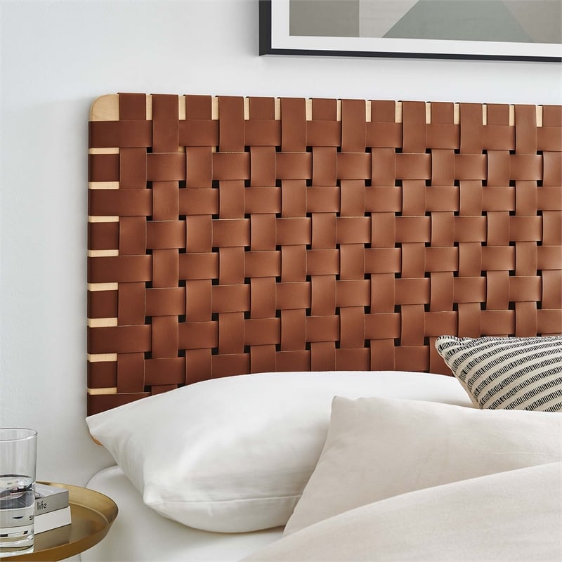 Pemberly Row Weave Vegan Leather Full Headboard in Natural Brown