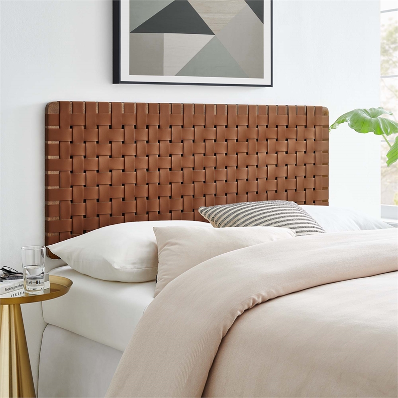 Pemberly Row Weave Vegan Leather Full Headboard in Walnut Brown