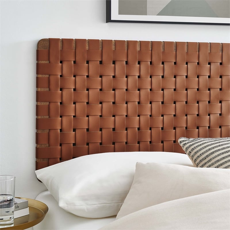 Pemberly Row Weave Vegan Leather Full Headboard in Walnut Brown