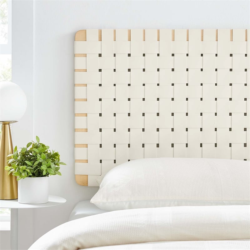 Pemberly Row Weave Wall-Mount Vegan Leather Twin Headboard in Natural Beige