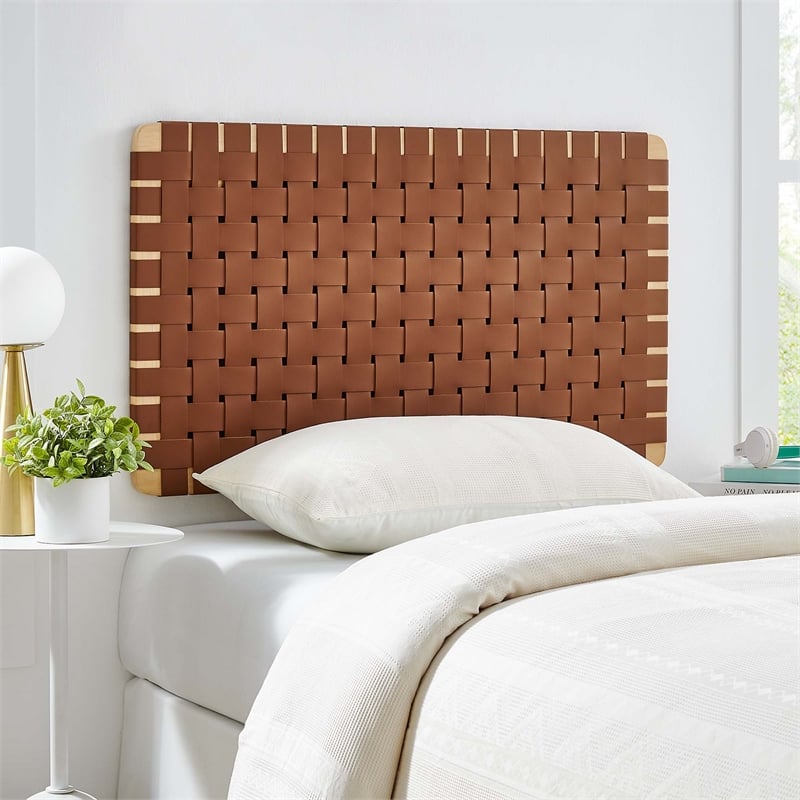 Pemberly Row Weave Wall-Mount Vegan Leather Twin Headboard in Natural Brown